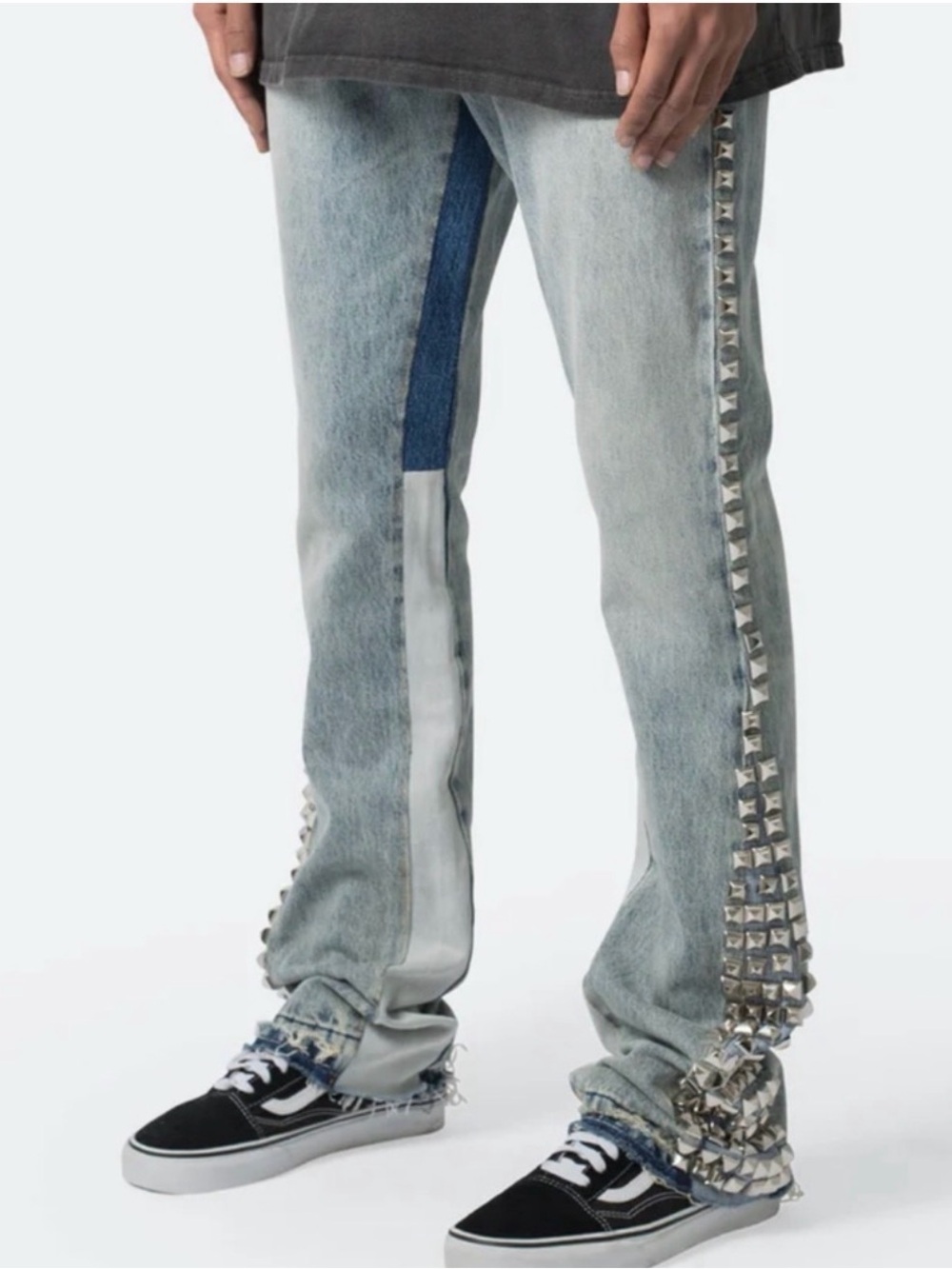 MNML Light Wash Bootcut Jeans with Dark Blue Panel & Stud Trim